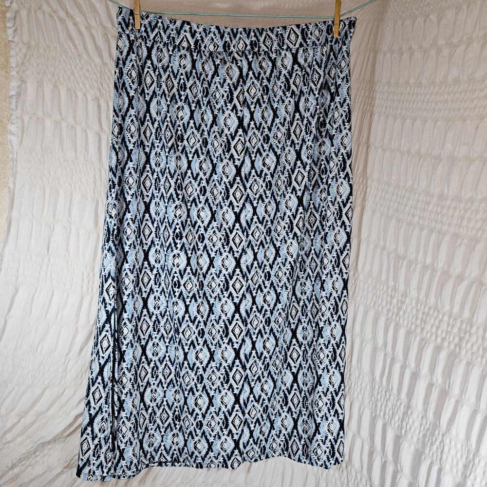 Terra & Sky Women's 2X Blue Geometric Print Maxi Skirt Side Slit Stretch